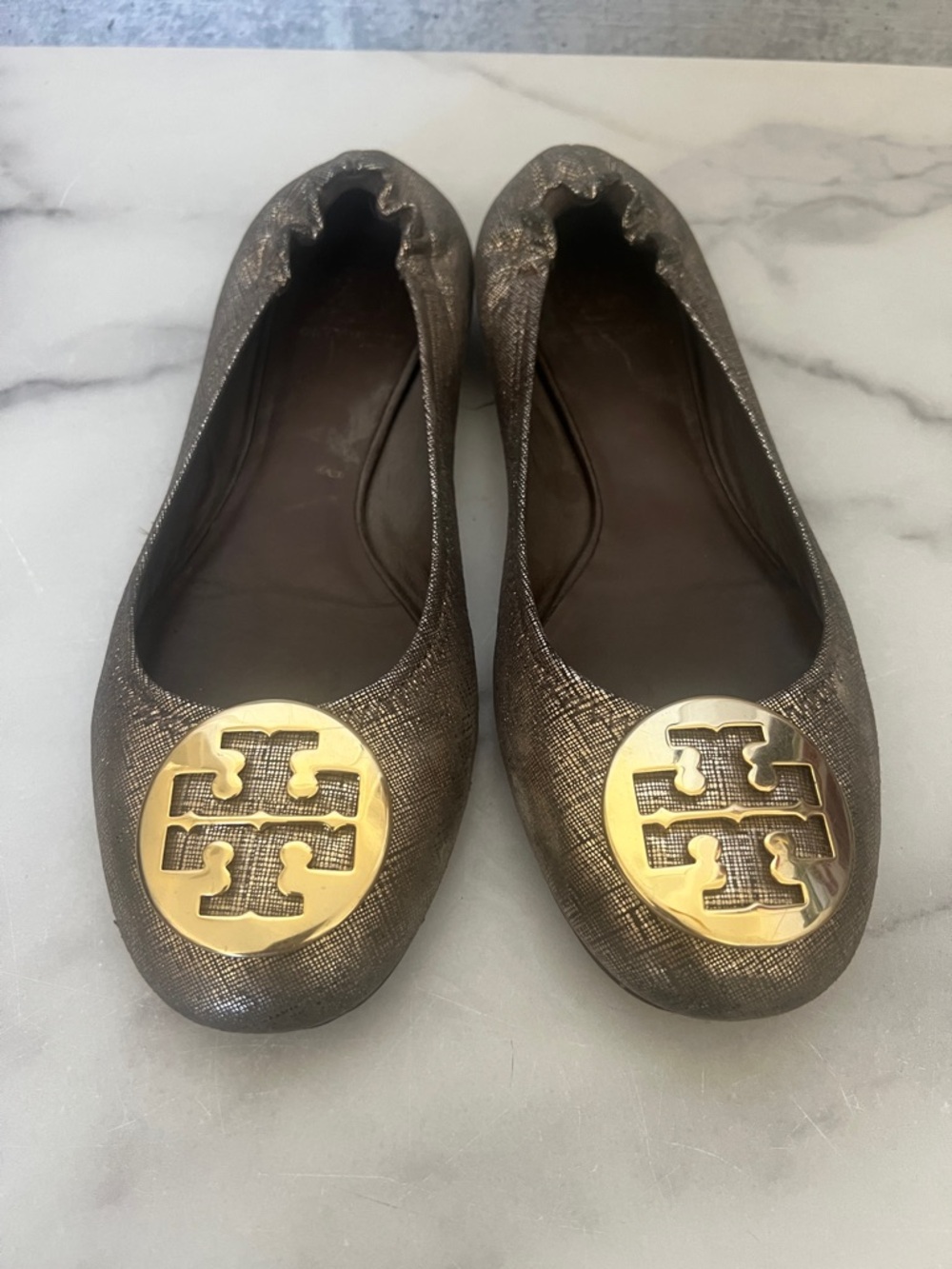 Tory Burch Bronze Metallic Logo Ballet Flats